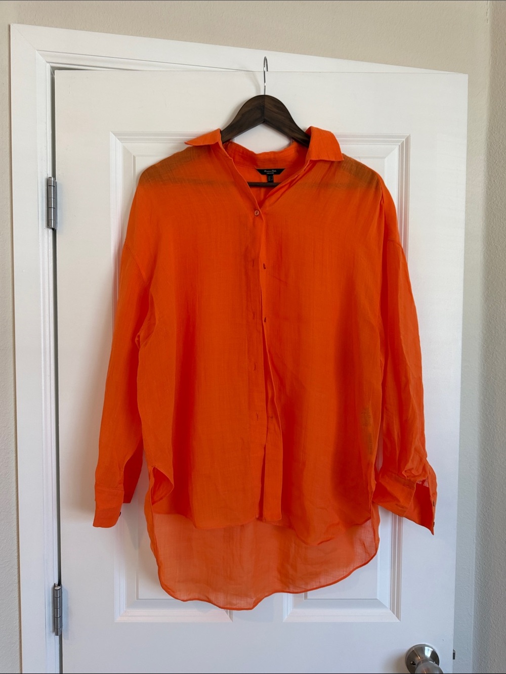 Massimo Dutti Bright Orange Sheer Button-Up Blouse